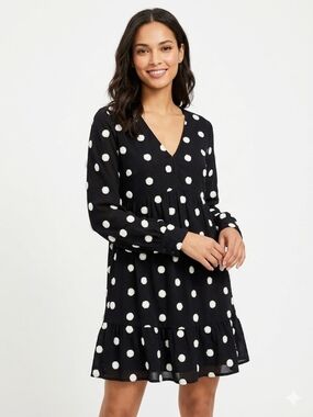 V-Neck Long Sleeve Polka Dot Dress - Black/White